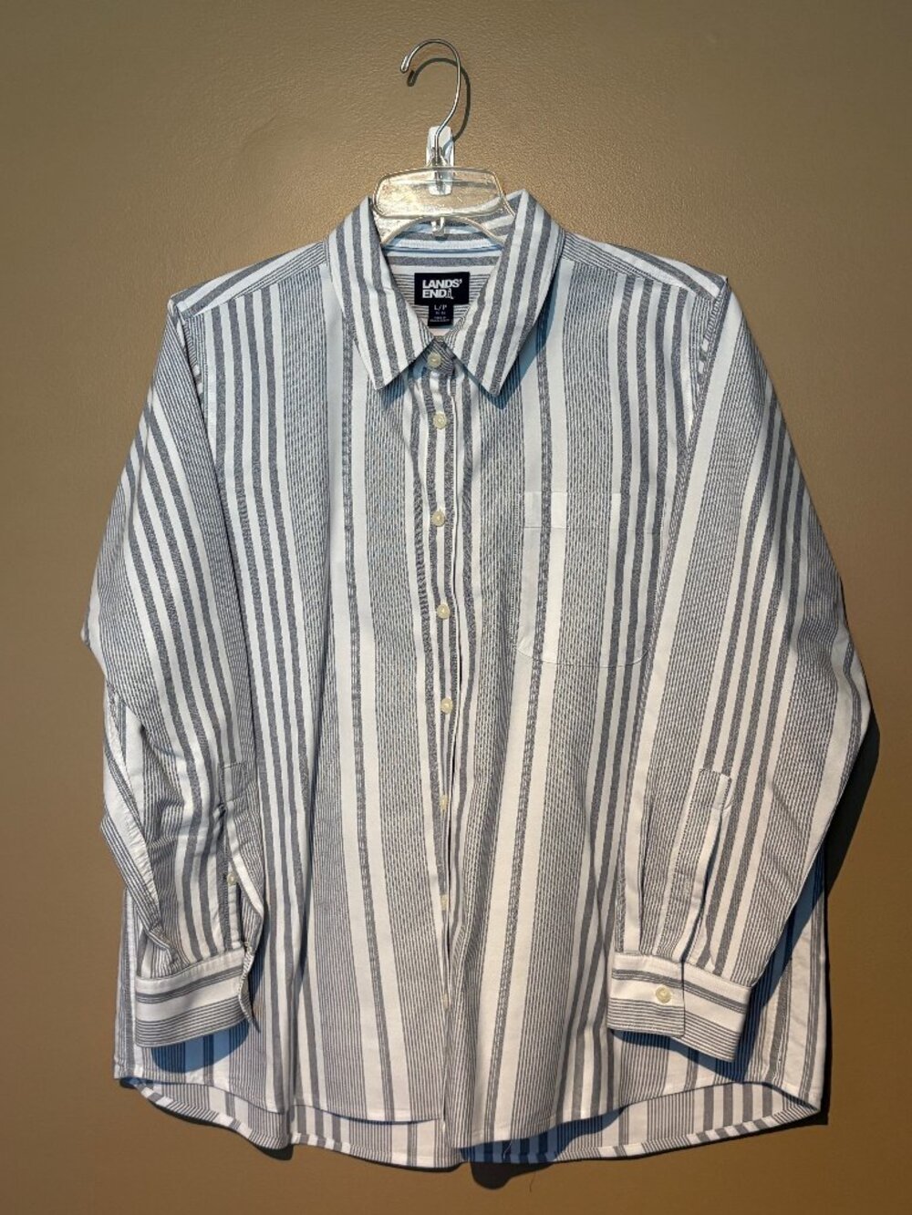 Lands' End Oxford Cotton Blouse, Gray/White Stripe, Relaxed Fit L/P 14-16